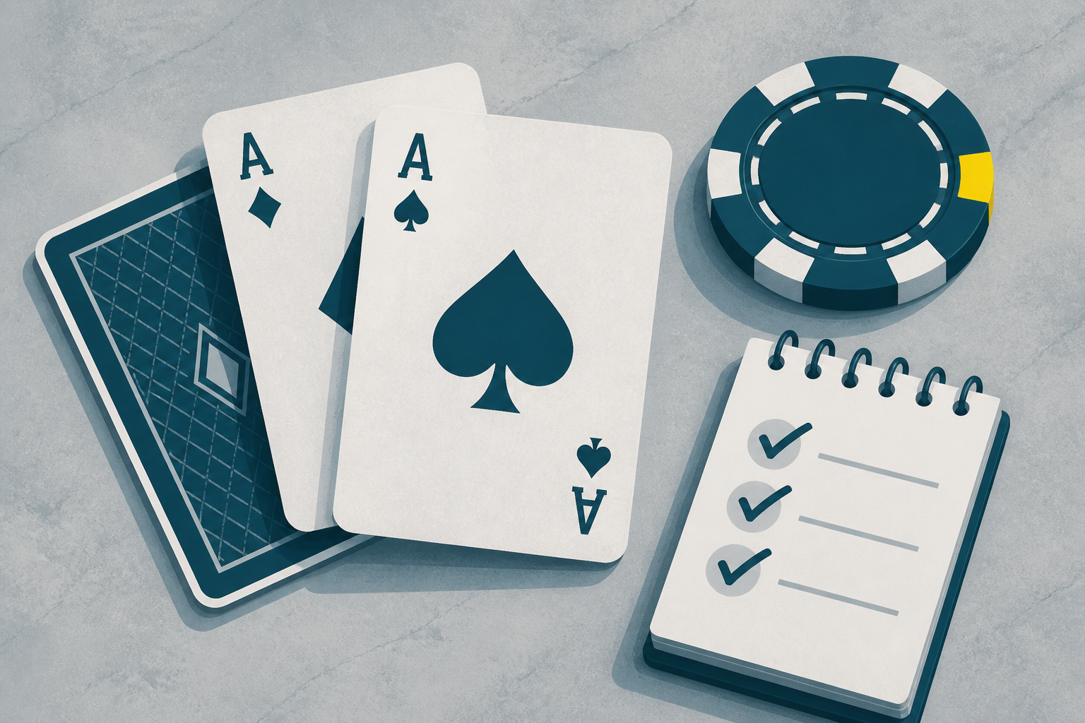 Cards, chip and notepad illustrating careful checking of terms