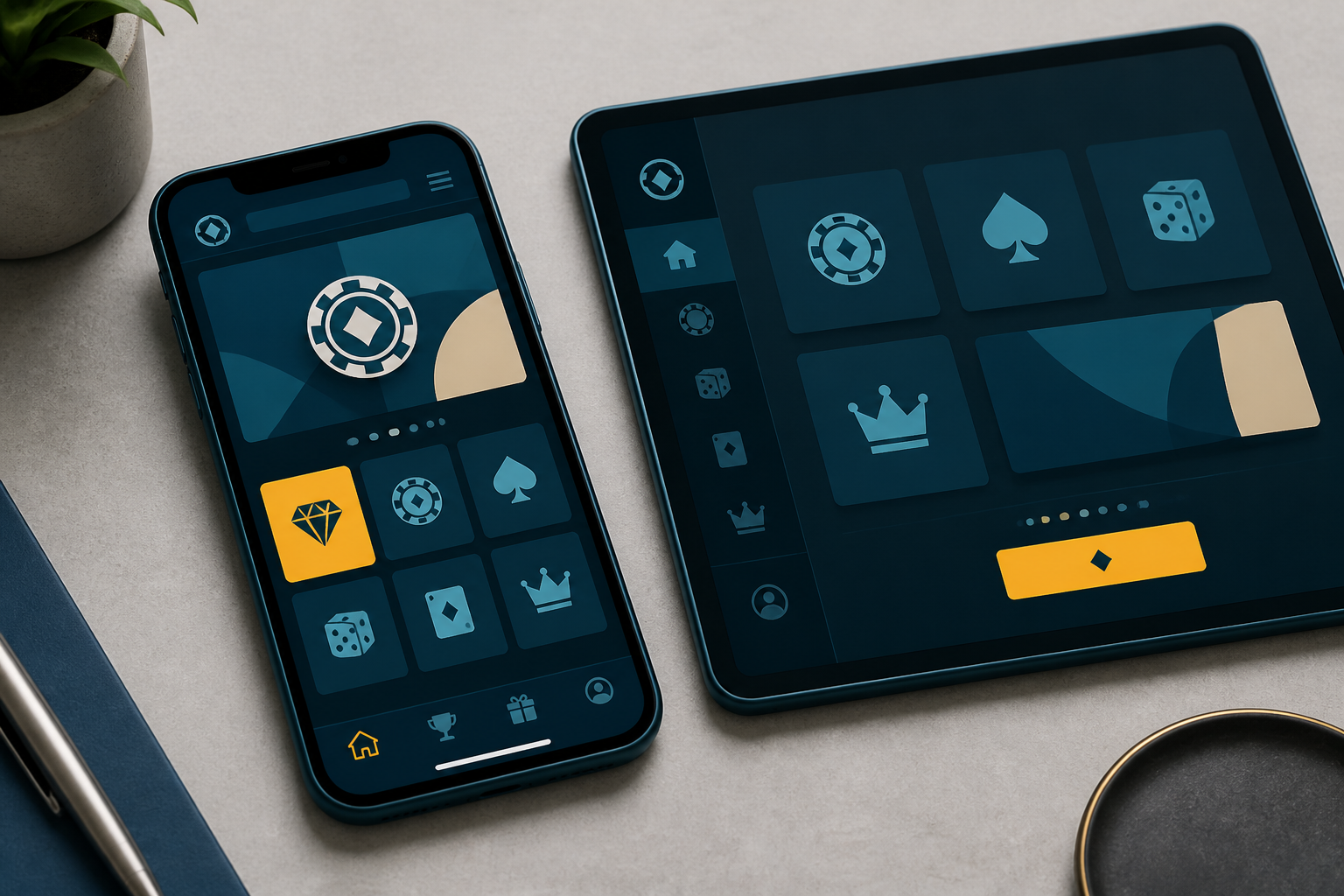 Smartphone and tablet showing abstract casino lobby tiles
